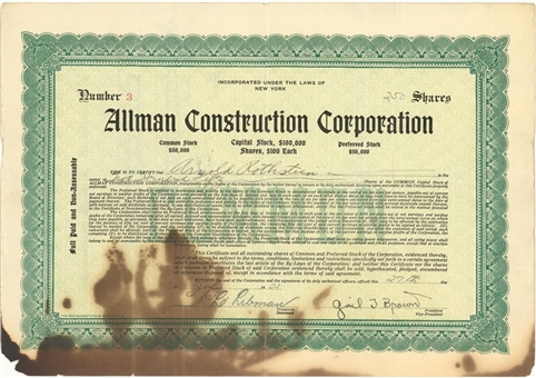 Ultra Rare 1922 Arnold Rothstein (The Fixer, 1919 World Series) Signed Allman Construction Corporation Stock Certificate (Beckett)